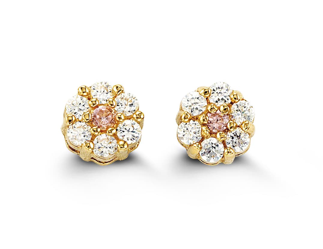 14K Cluster Daisy-Shaped CZ Stud Earrings - October (pink centre CZ)