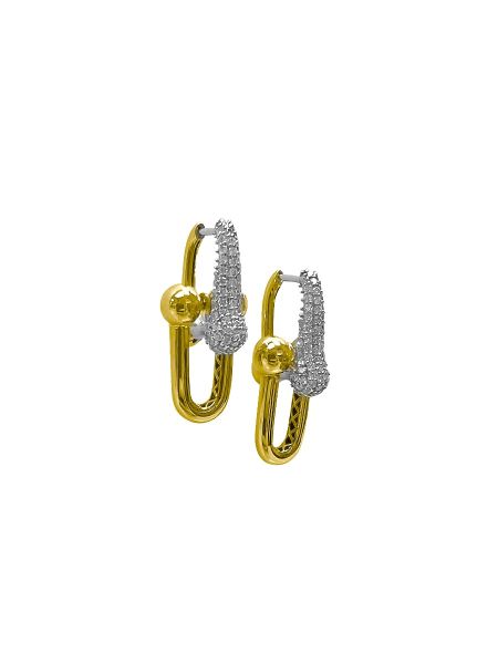 Pair of 14K yellow gold huggie earrings with lab-grown diamond link design