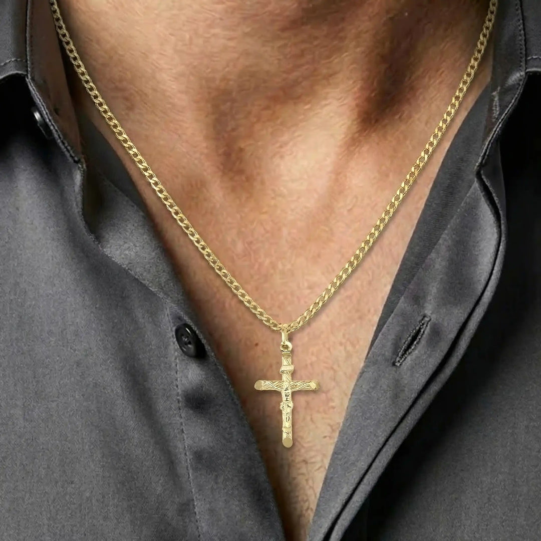 Textured Crucifix Yellow Gold Cross Pendant worn on mens chest
