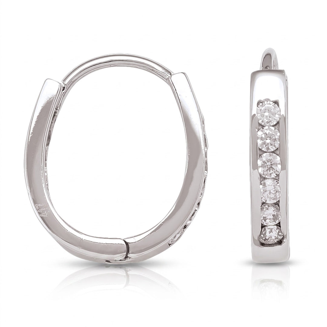 White Gold CZ Huggie Hoop Earrings, 13mm