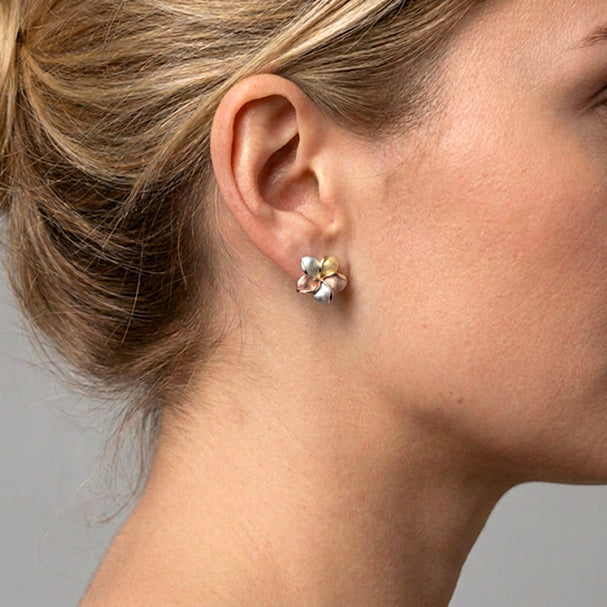 Tri Colour Flower Stud Earrings - worn on ear