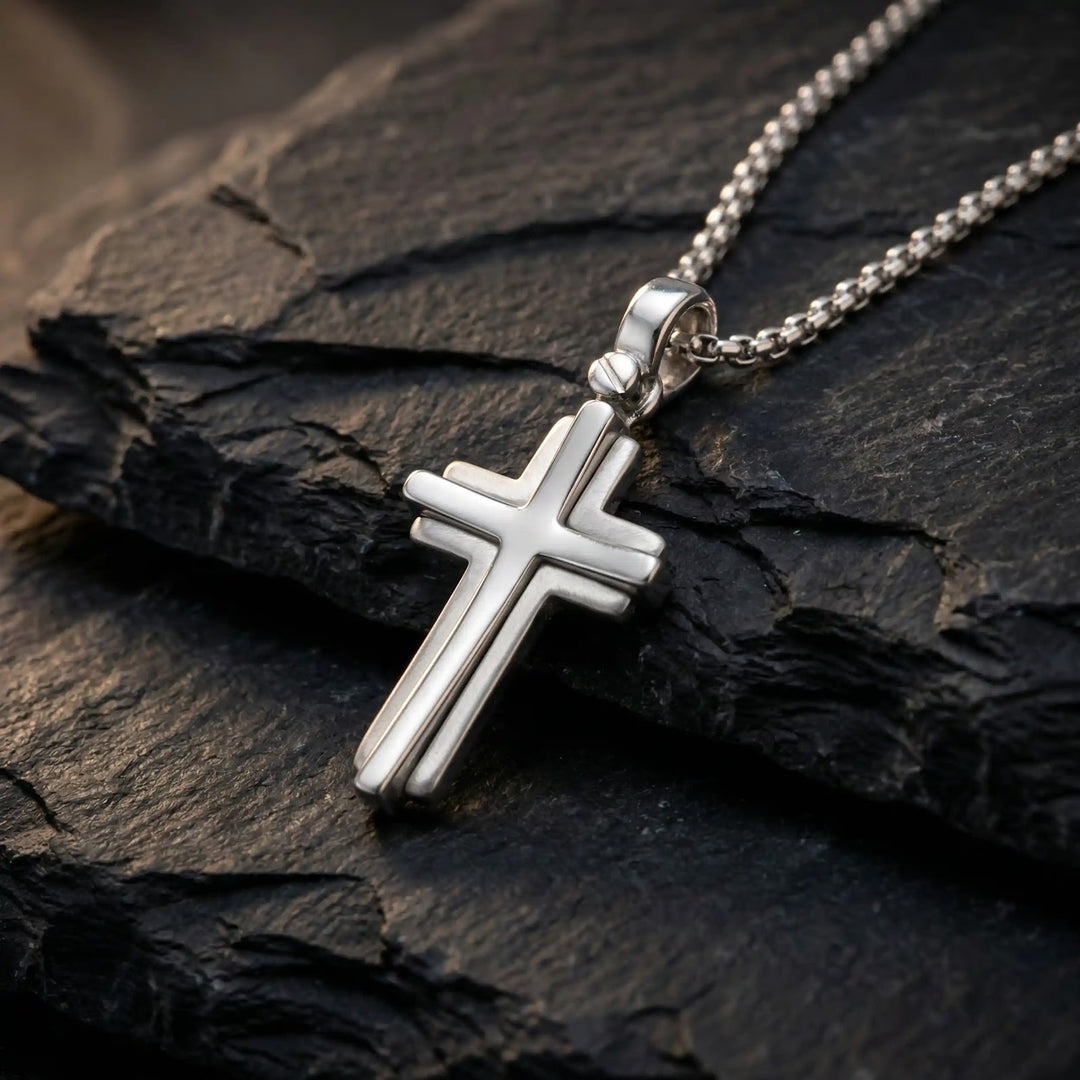Layered Latin White Gold Cross Pendant on stone