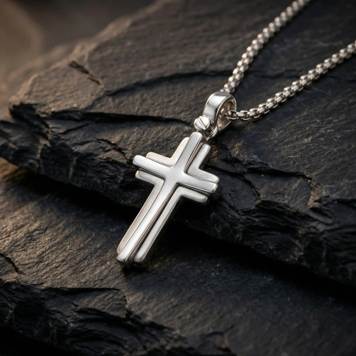Layered Latin White Gold Cross Pendant on stone