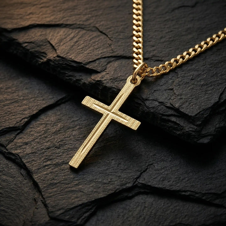 Minimal Latin Yellow Gold Cross Pendant on stone
