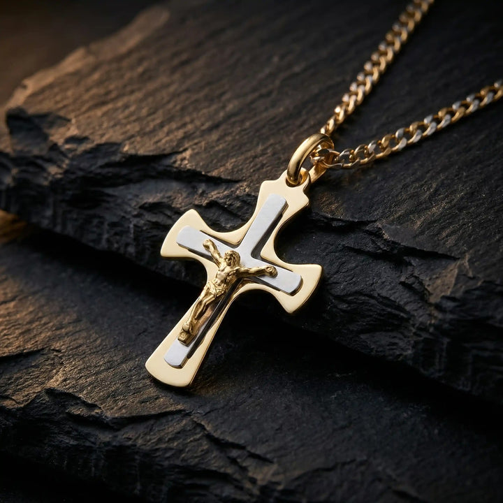 Two-Tone Crucifix Two-Tone Gold Cross Pendant on stone