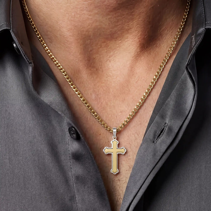 Budded Latin Two-Tone Gold Cross Pendant worn on mens chest