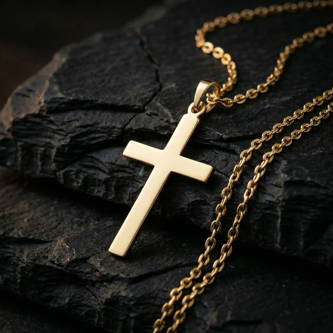 Minimal Latin Yellow Gold Cross Pendant on stone