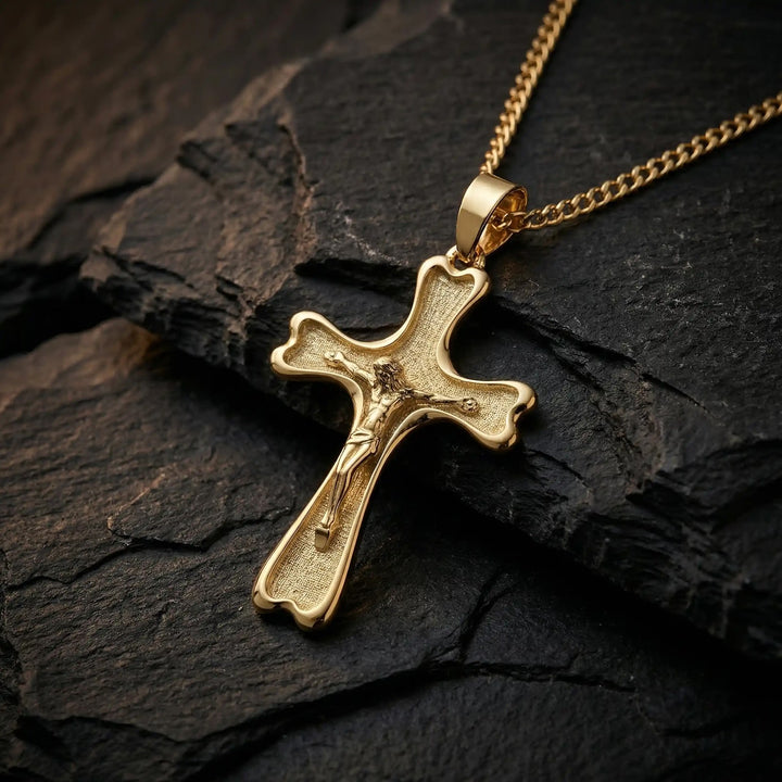Flared Crucifix Yellow Gold Cross Pendant on stone