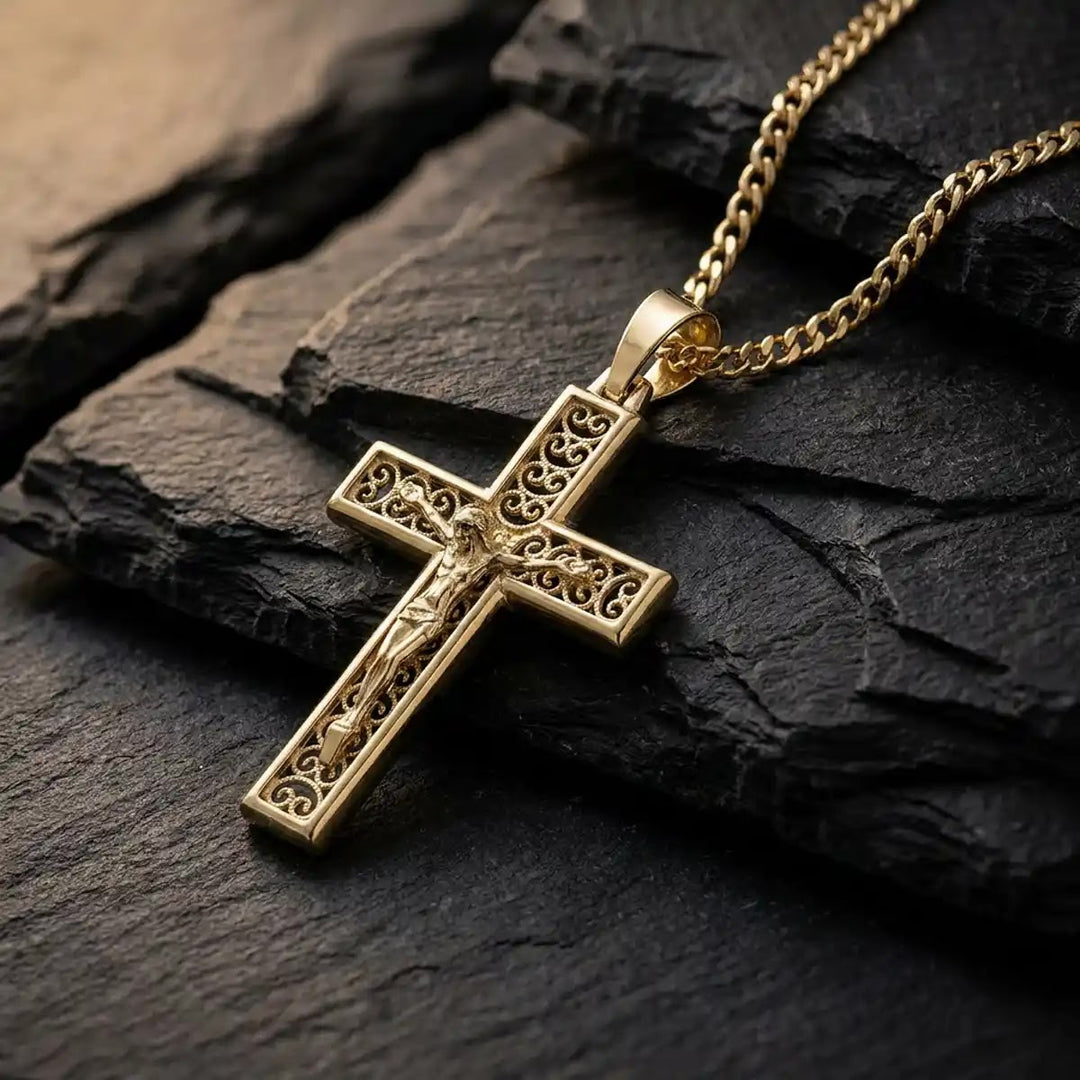 Filigree Crucifix Yellow Gold Cross Pendant on stone