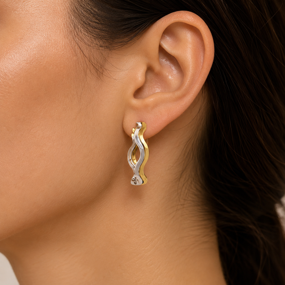 Two Tone Fancy Wave Hoop Earrings, 23.4mm - worn on ear