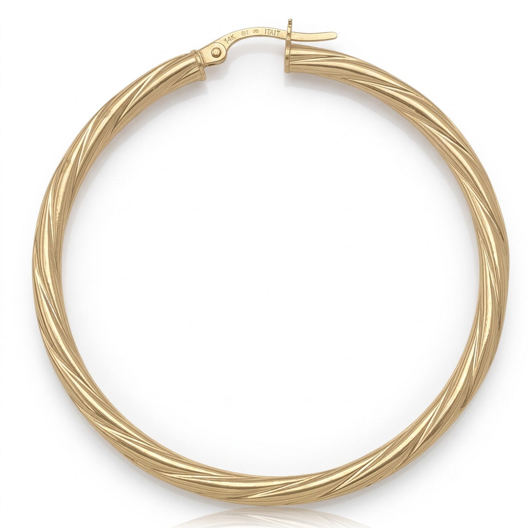 Yellow Gold Twisted 3mm Tube Hoop Earrings, 45.4mm