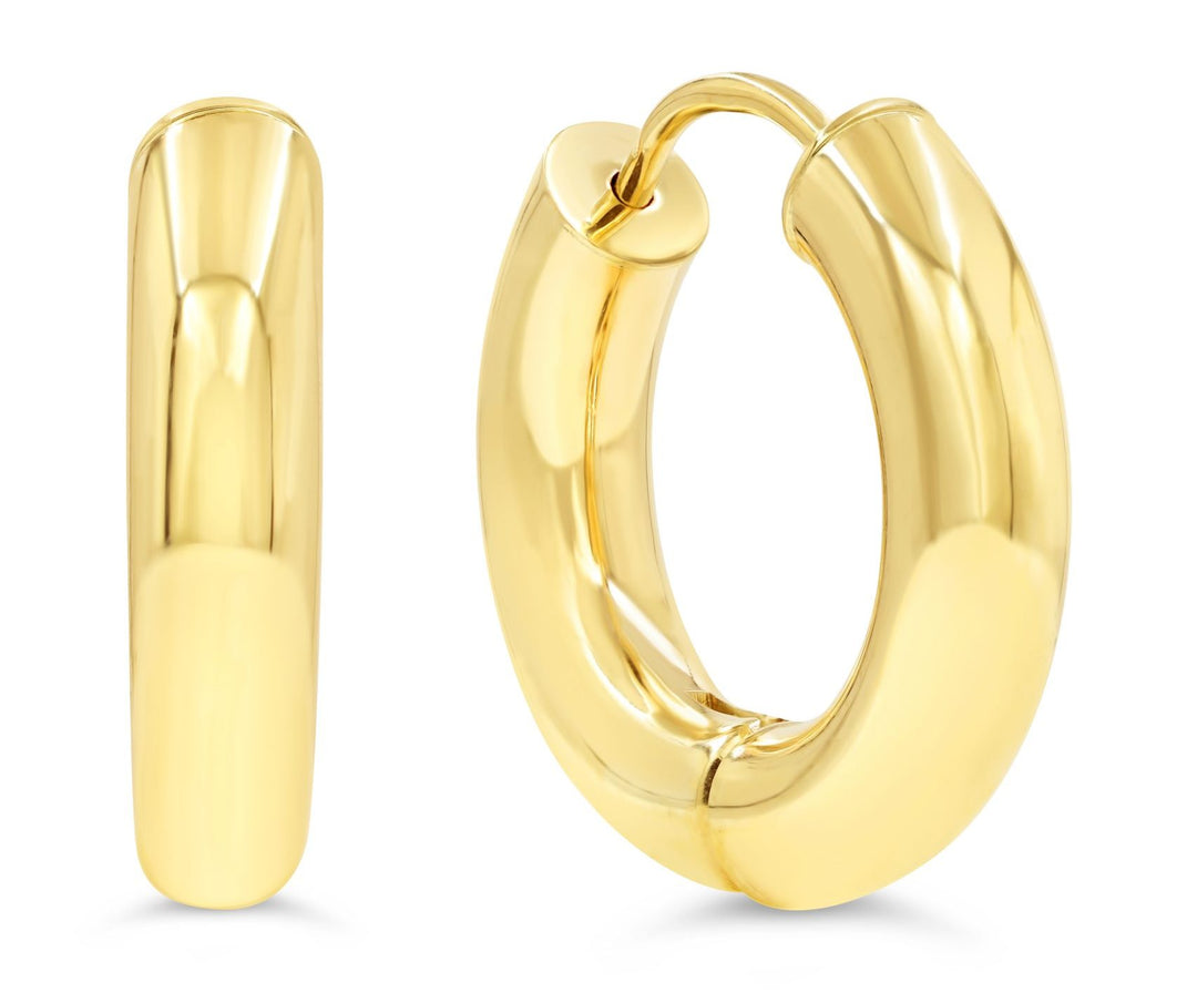 10k yellow gold huggie hoop earrings with a polished finish and secure snap-back closure.