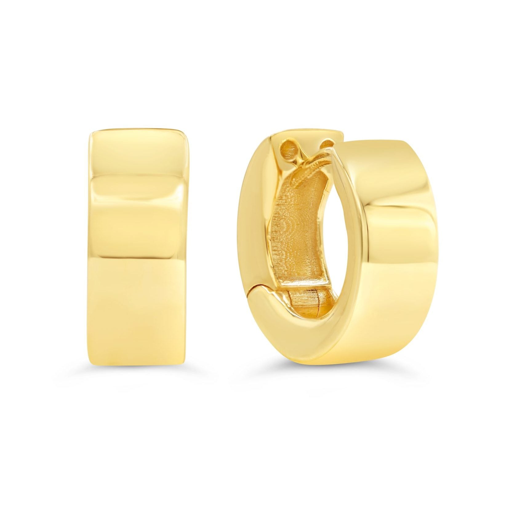 10K yellow gold huggie earrings with a smooth polished finish and hinged closure.