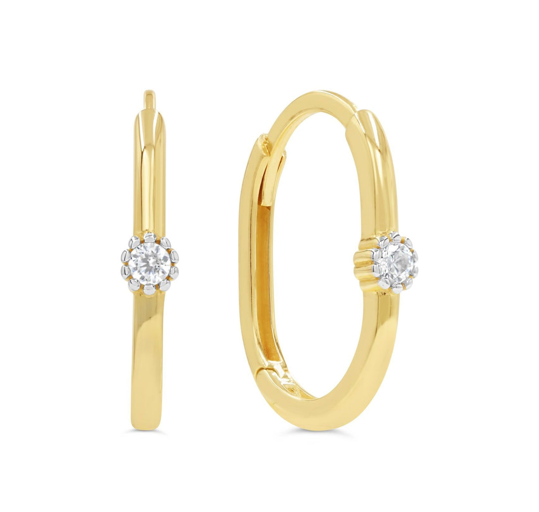 10k yellow gold huggie hoop earrings with cubic zirconia accent and snap-back closure.