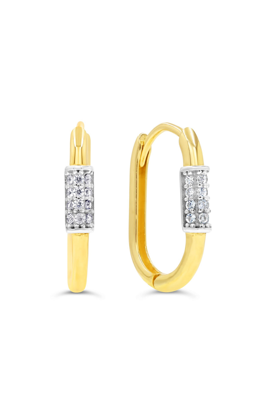 10k yellow gold huggie hoop earrings with pavé cubic zirconia panel and snap-back closure.