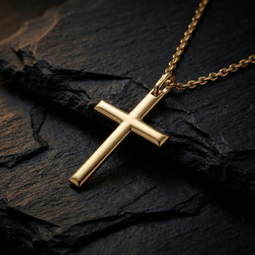 Minimal Latin Yellow Gold Cross Pendant on stone