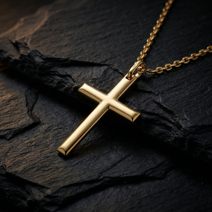 Minimal Latin Yellow Gold Cross Pendant on stone
