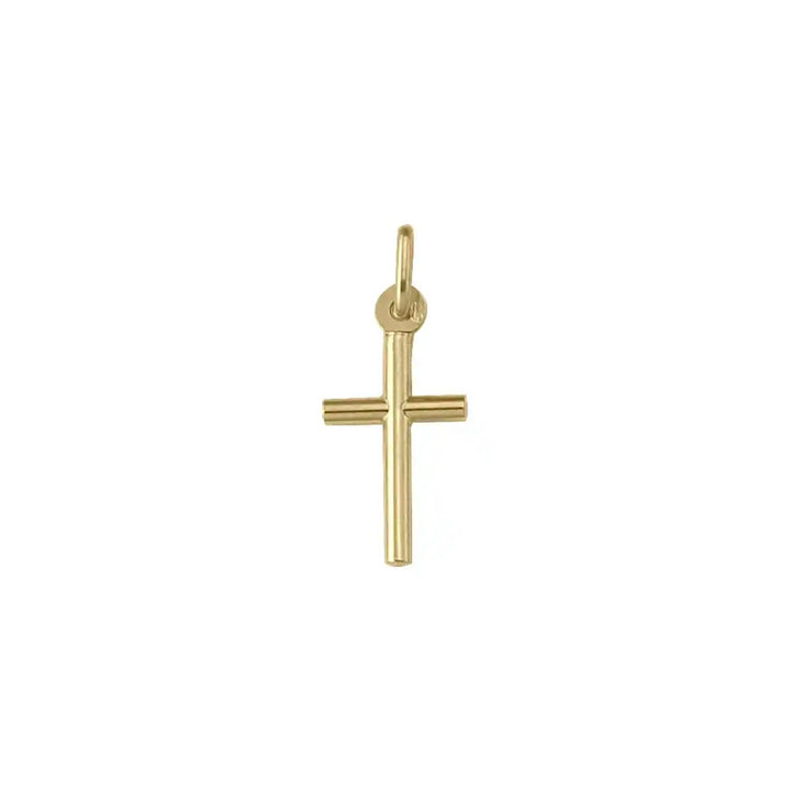 Tubular Latin Yellow Gold Cross Pendant on white background