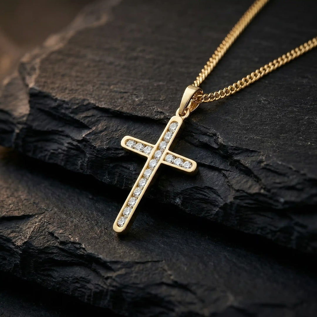 Channel-Set Latin Yellow Gold Cross Pendant on stone
