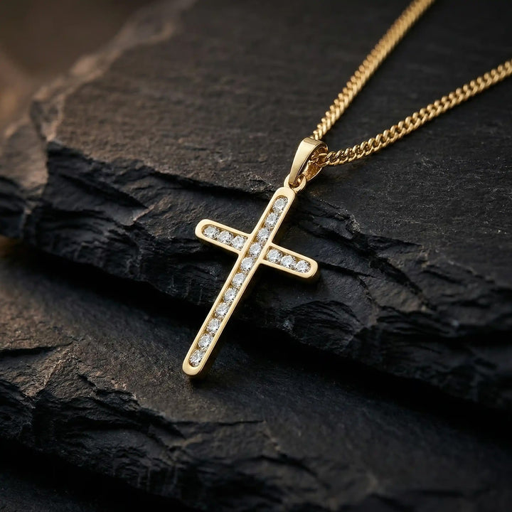 Channel-Set Latin Yellow Gold Cross Pendant on stone