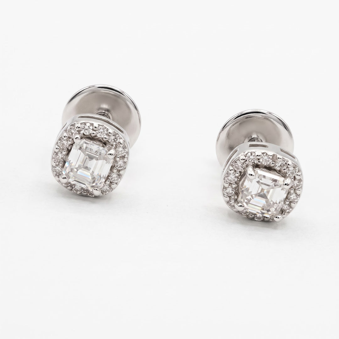 10k white gold emerald-cut lab diamond halo studs, standing fronts
