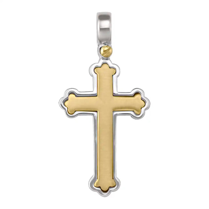 Budded Latin Two-Tone Gold Cross Pendant on white background