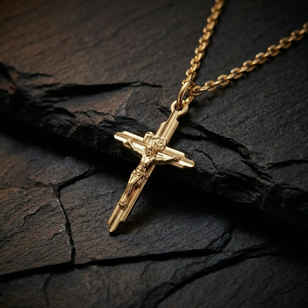 Latin Crucifix Yellow Gold Cross Pendant on stone