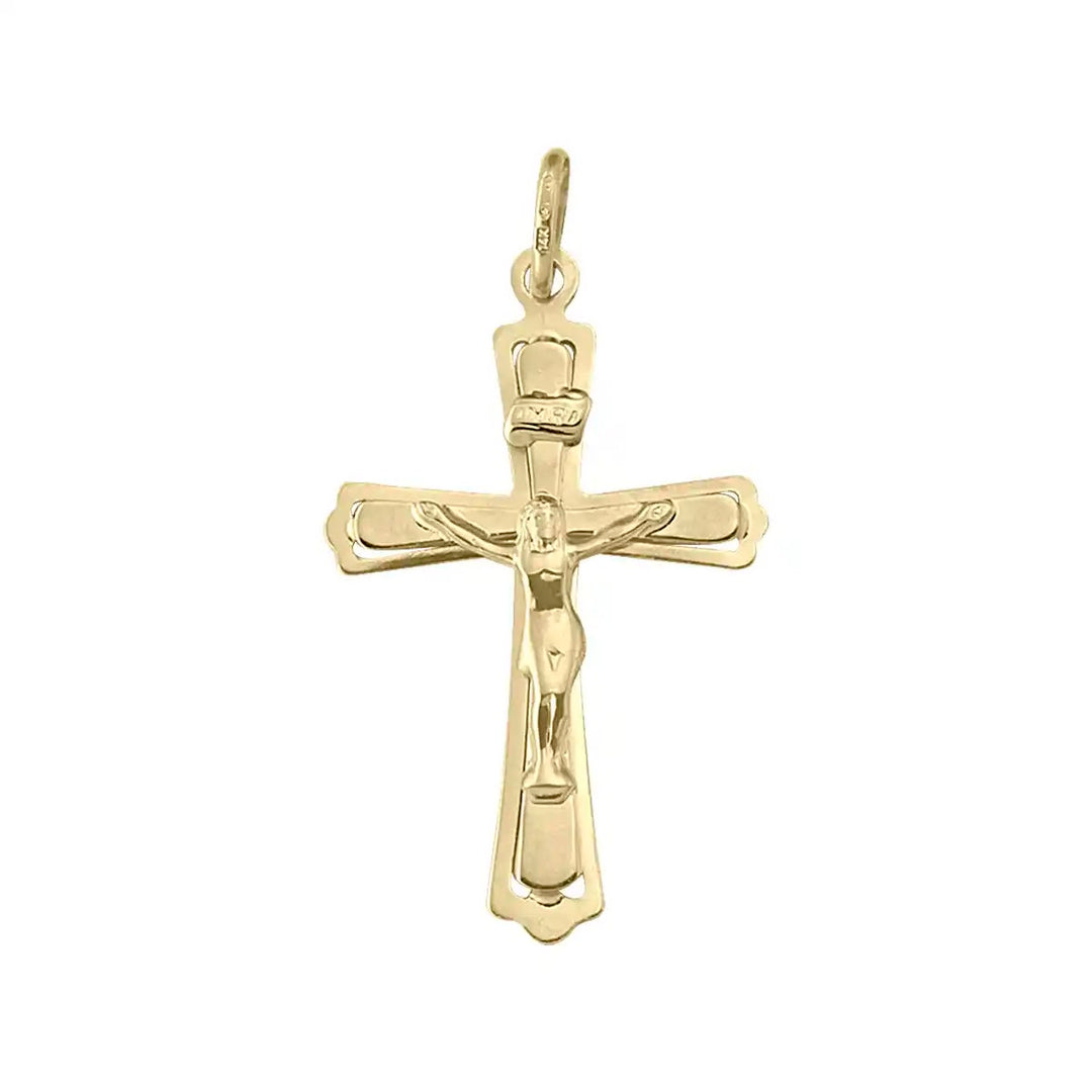 Layered Crucifix Yellow Gold Cross Pendant on white background
