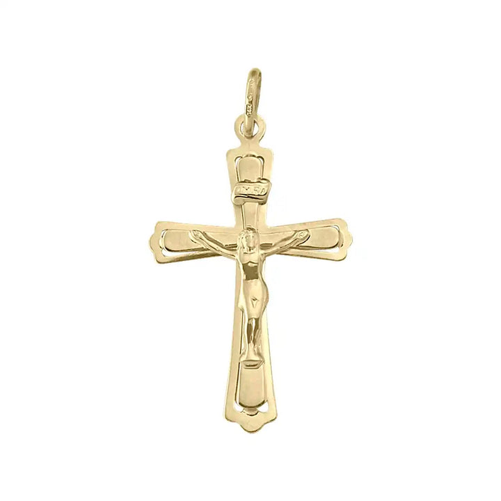 Layered Crucifix Yellow Gold Cross Pendant on white background