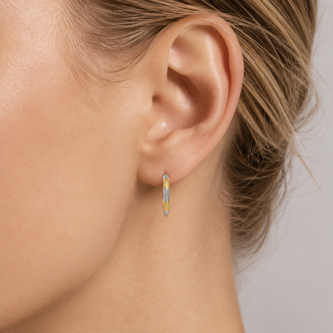 Two Tone Patterned Knife Edge Hoop Earrings, 19.3mm - worn on ear