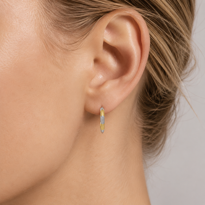 Two Tone Patterned Knife Edge Hoop Earrings, 19.3mm - worn on ear