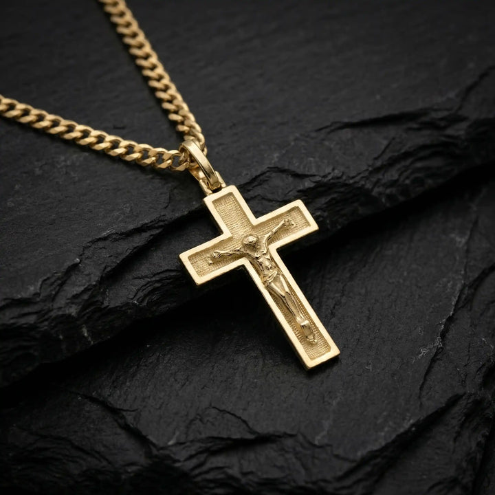 Latin Crucifix White Gold Cross Pendant on stone