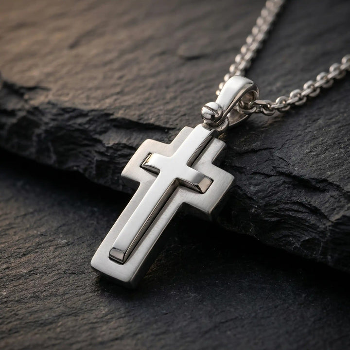Layered Latin White Gold Cross Pendant on stone