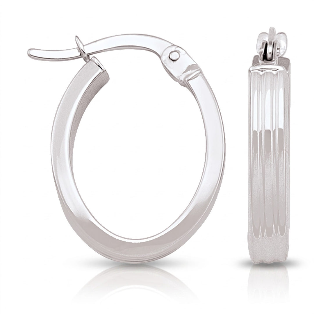 White Gold Oval Patterned Hoop Earrings, 13.4mm