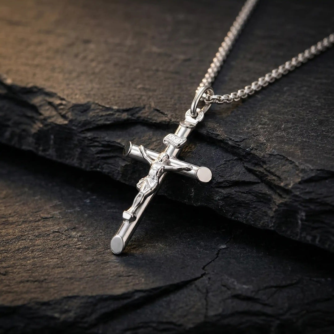 Latin Crucifix White Gold Cross Pendant on stone