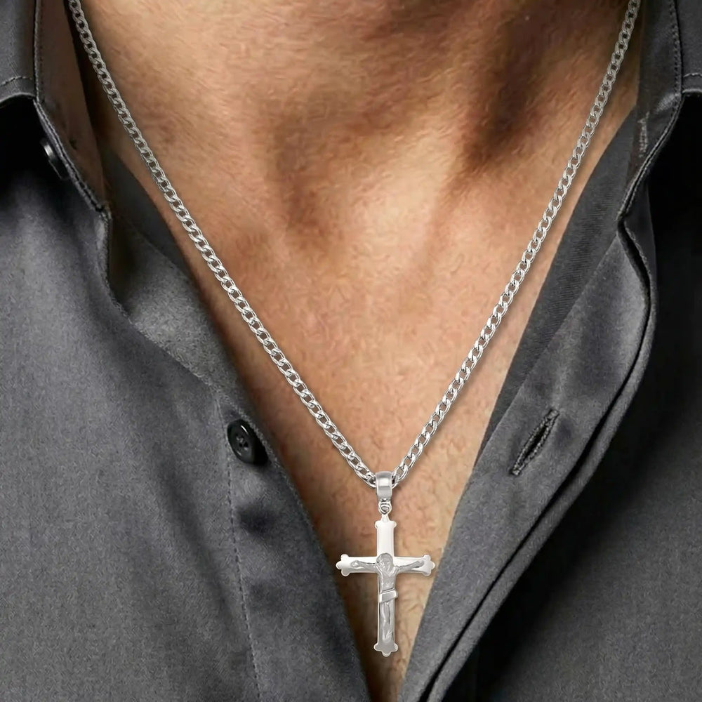 Budded Crucifix White Gold Cross Pendant worn on mens chest