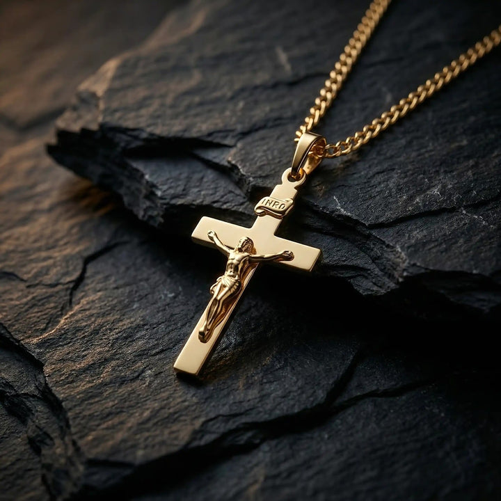 Latin Crucifix Yellow Gold Cross Pendant on stone