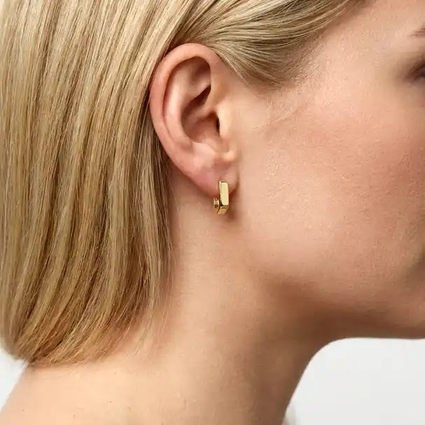 Yellow Gold Square Shape Huggie Earrings - worn on ear