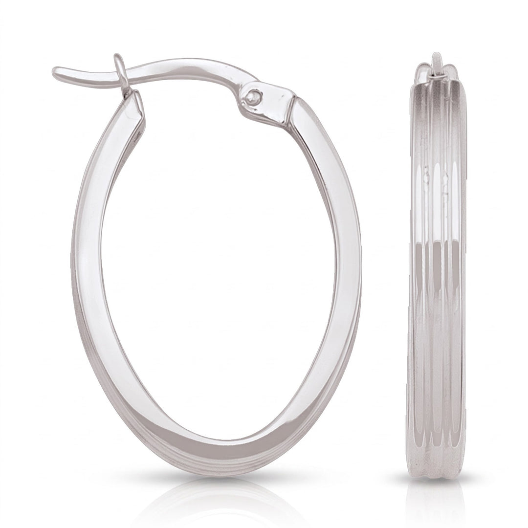 White Gold Oval Patterned Hoop Earrings, 15.6mm