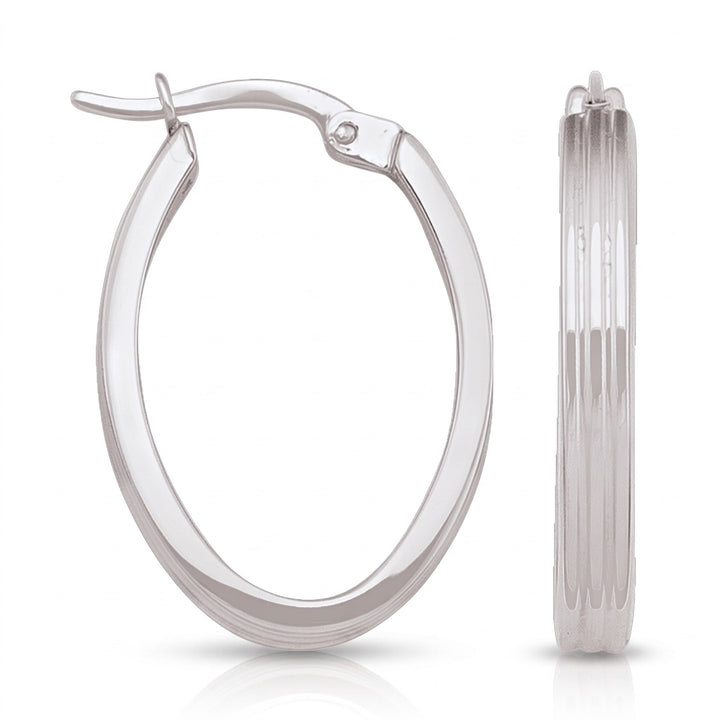 White Gold Oval Patterned Hoop Earrings, 15.6mm