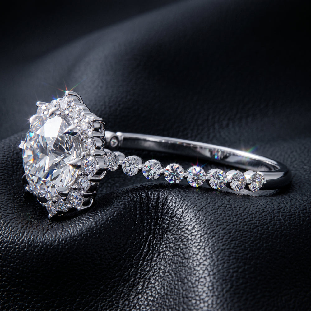 1 CT Round Moissanite Halo Engagement Ring, 14K White Gold