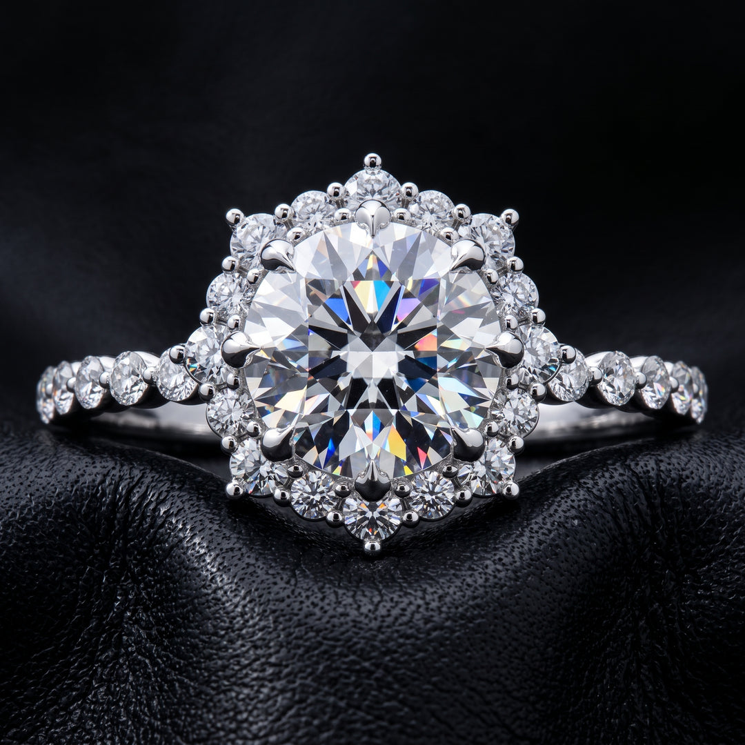 1 CT Round Moissanite Halo Engagement Ring, 14K White Gold