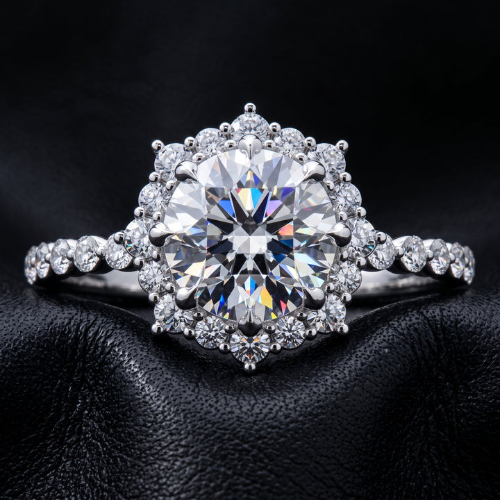 1 CT Round Moissanite Halo Engagement Ring, 14K White Gold