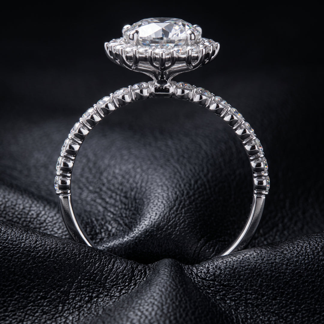 1 CT Round Moissanite Halo Engagement Ring, 14K White Gold