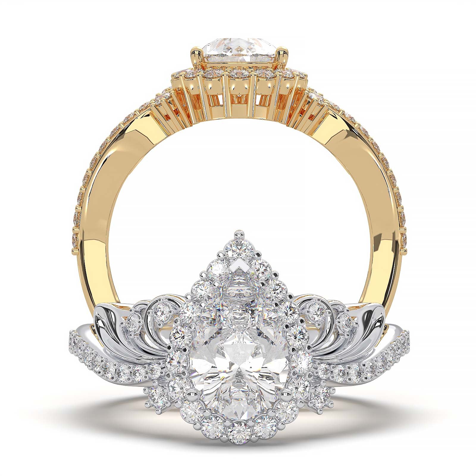 Pear-shaped diamond vintage engagement ring with custom prongs and halo design.