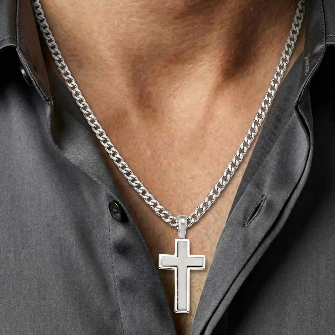 Framed Latin White Gold Cross Pendant worn on mens chest