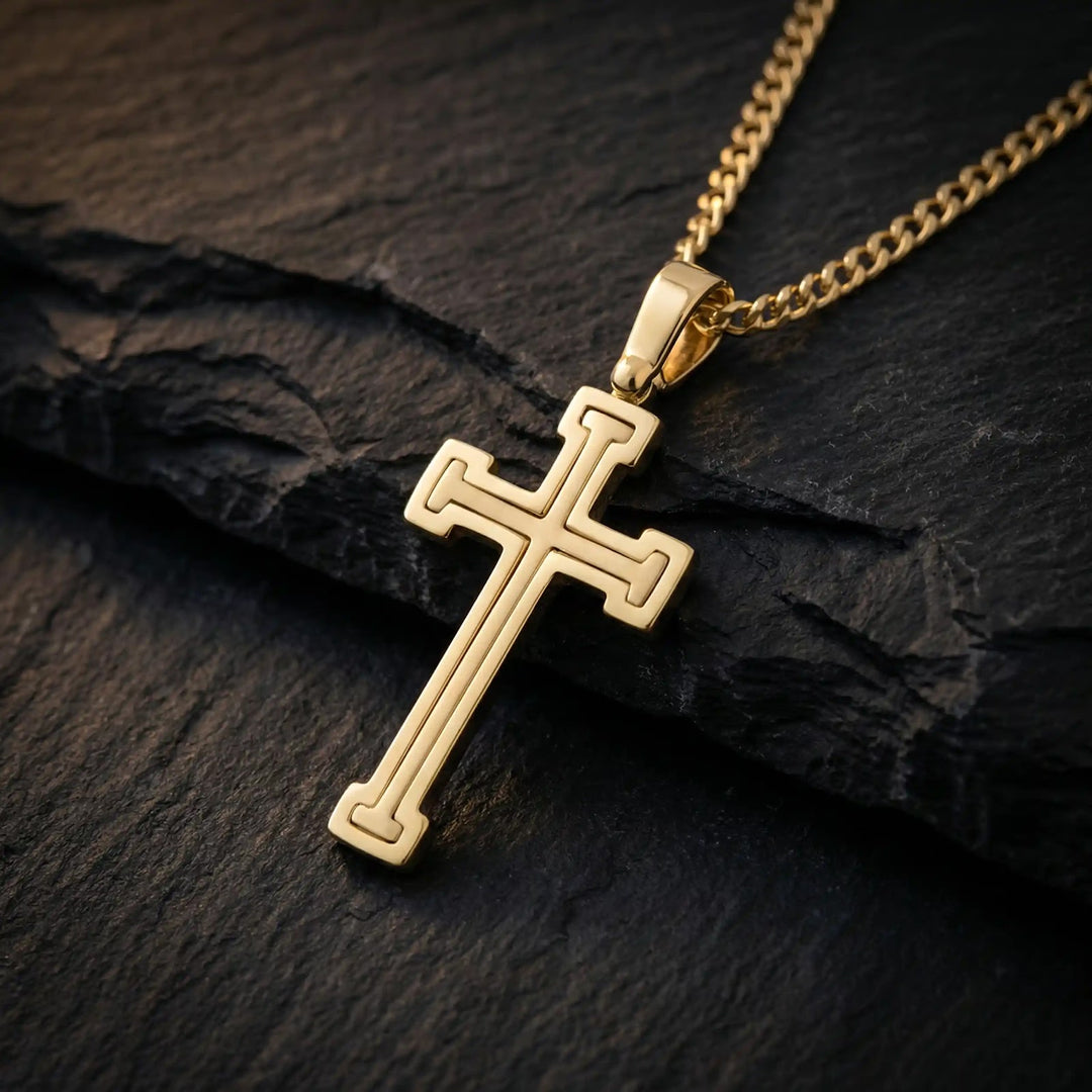 Framed Latin Yellow Gold Cross Pendant on stone
