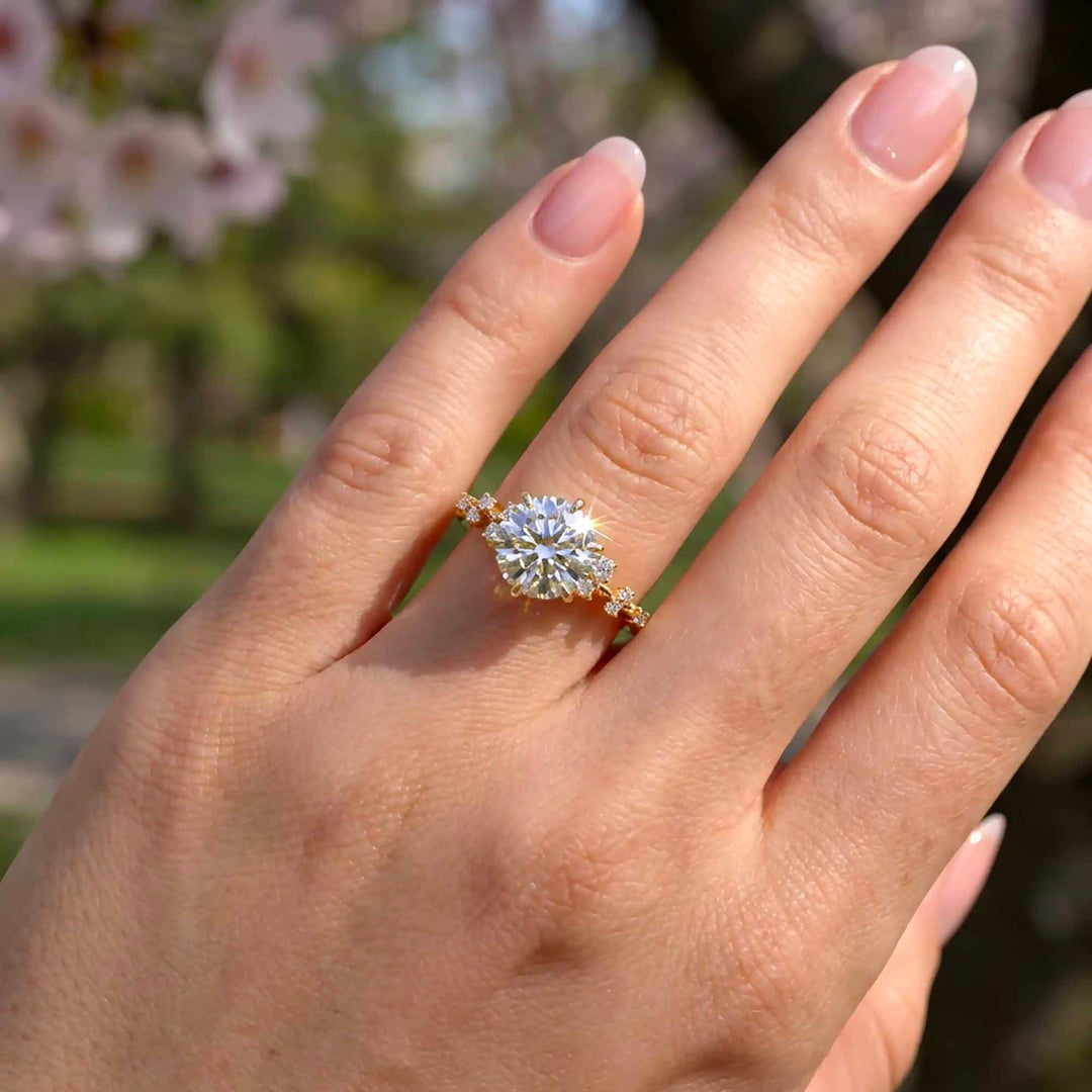 1 Ct Round Moissanite Engagement Ring with Accent Stones in 14K Gold