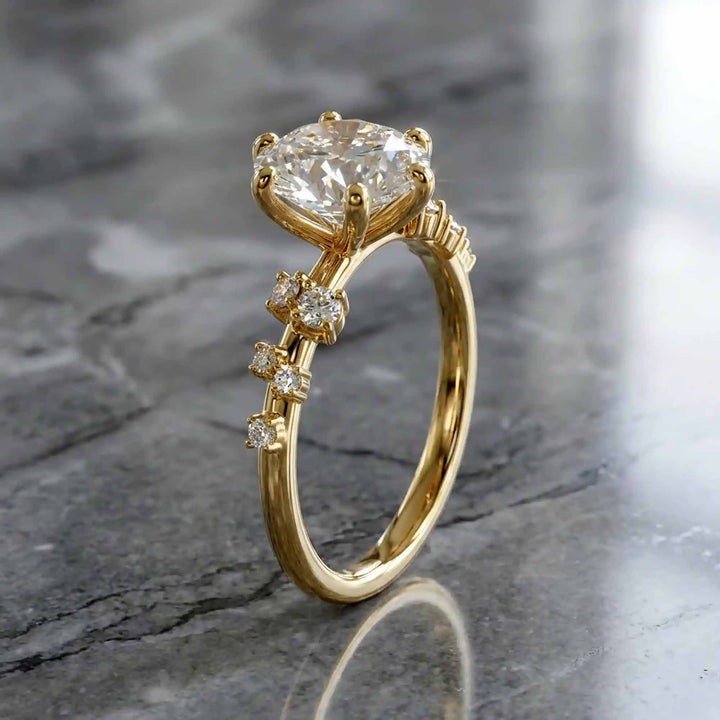 1 Ct Round Moissanite Engagement Ring with Accent Stones in 14K Gold