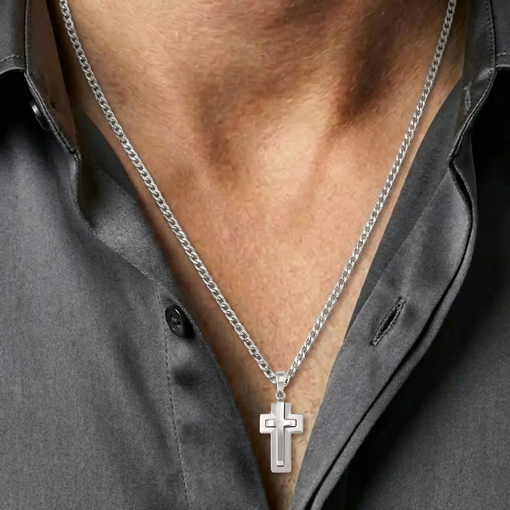 Layered Latin White Gold Cross Pendant worn on mens chest